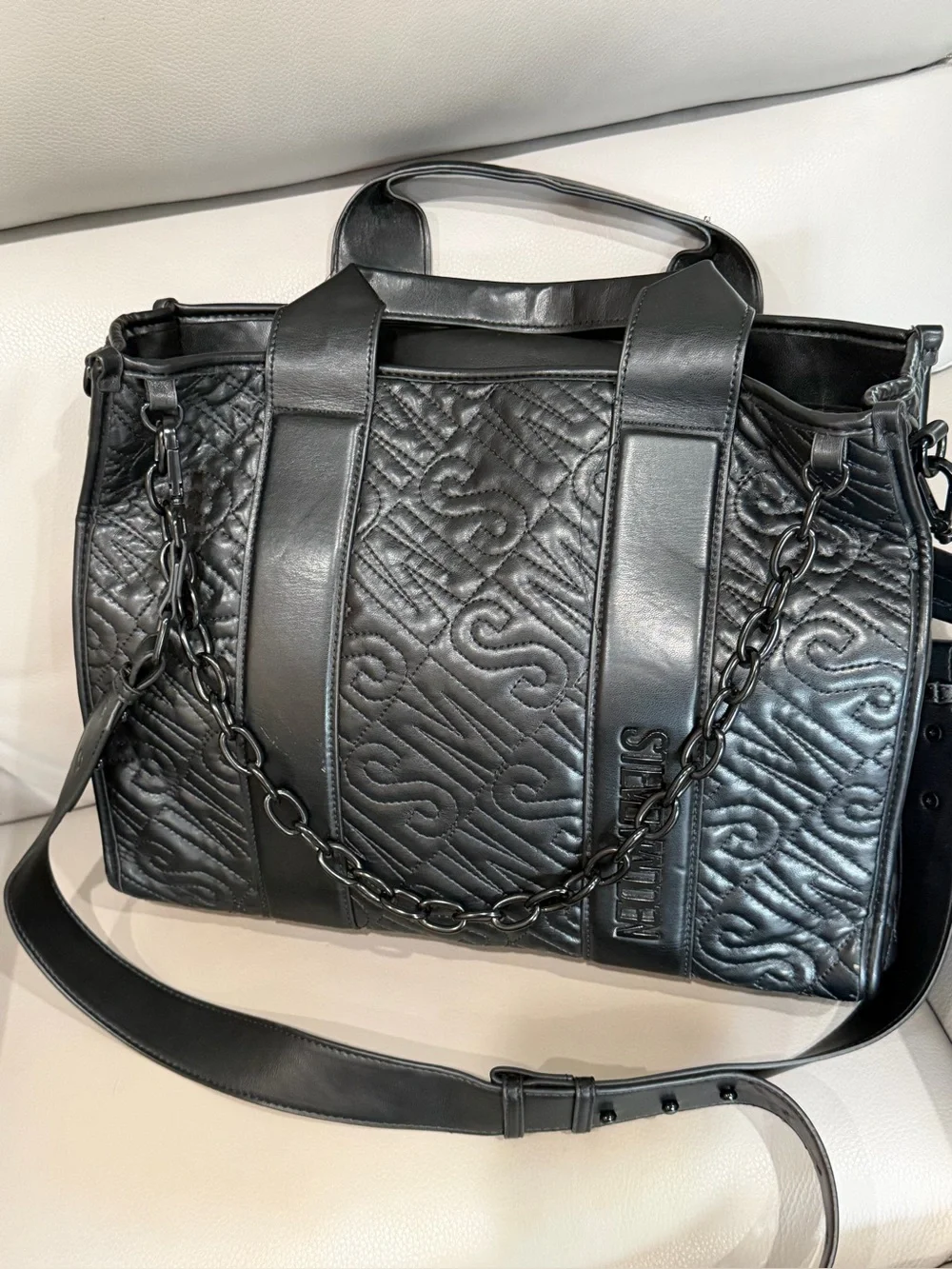 Black Quilted Embossed Logo Tote Bag